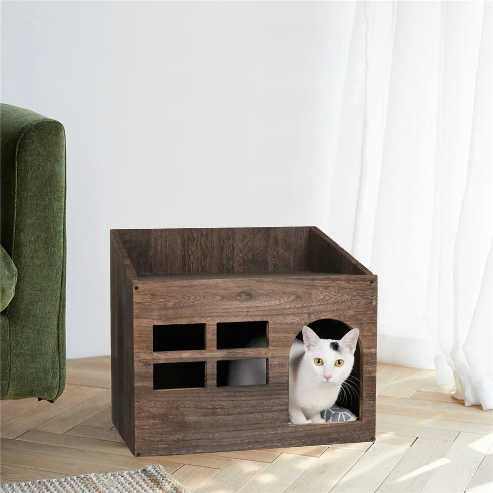 Durable Wooden Cat Cave Bed Furniture Kitten Sleep Lounge House Bed with Cushion Pad Litter Box for Indoor Cats