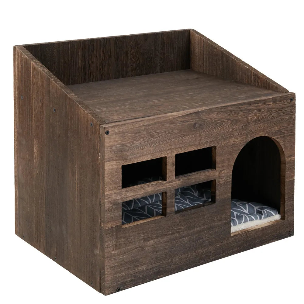 Durable Wooden Cat Cave Bed Furniture Kitten Sleep Lounge House Bed with Cushion Pad Litter Box for Indoor Cats