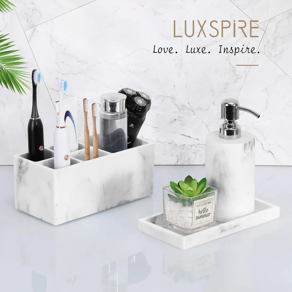 White Marble Resin Vanity Tray, 8x4 inch Bathroom Counter Organizer for Soap Dispenser Perfume Towel Accessories
