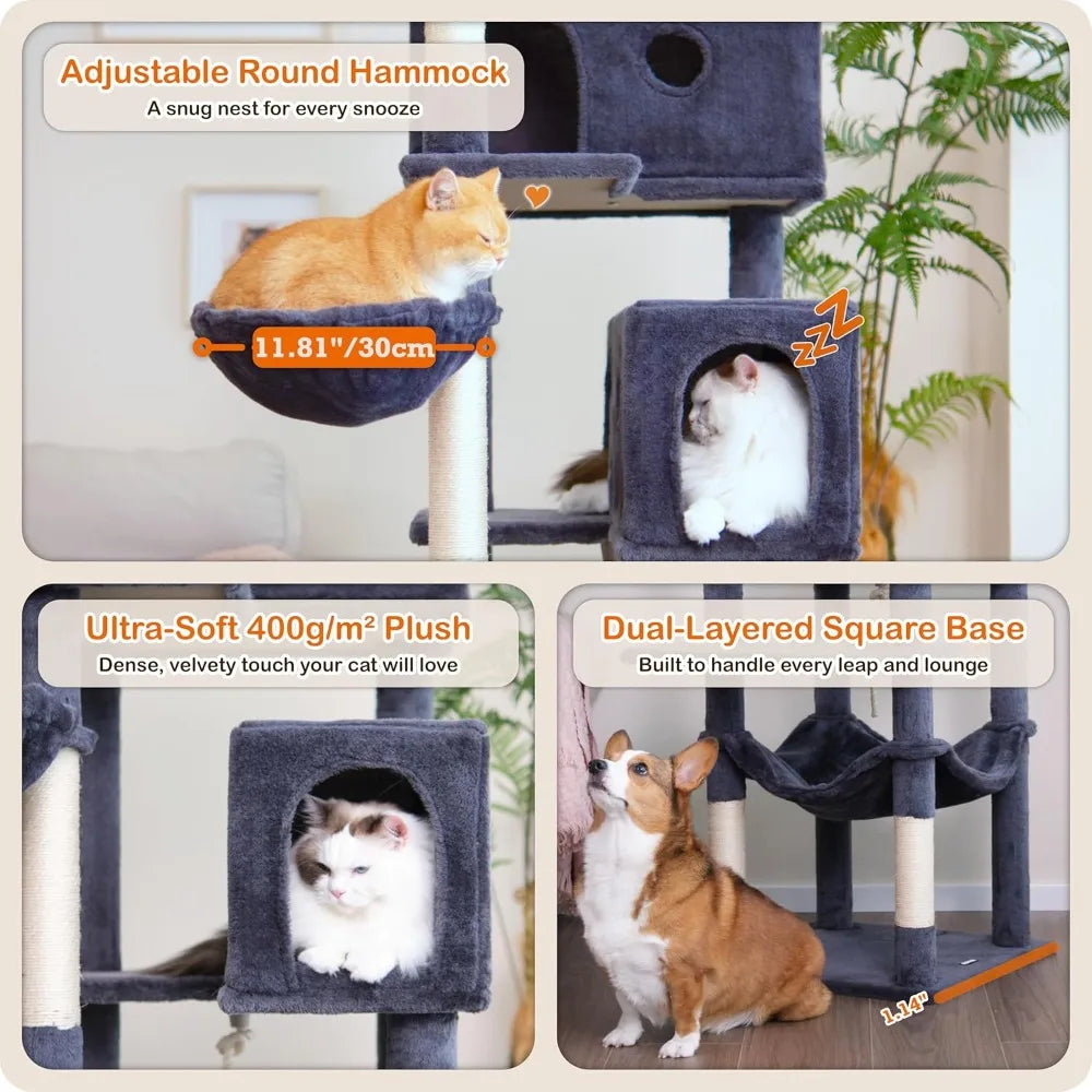 Cat Tree, 73.6 inch Cat Tower for Large Cat Indoor, 2 Top Perches with 1 Widened, 2 Condos with 1 Enlarged, Steel Frame Hammock