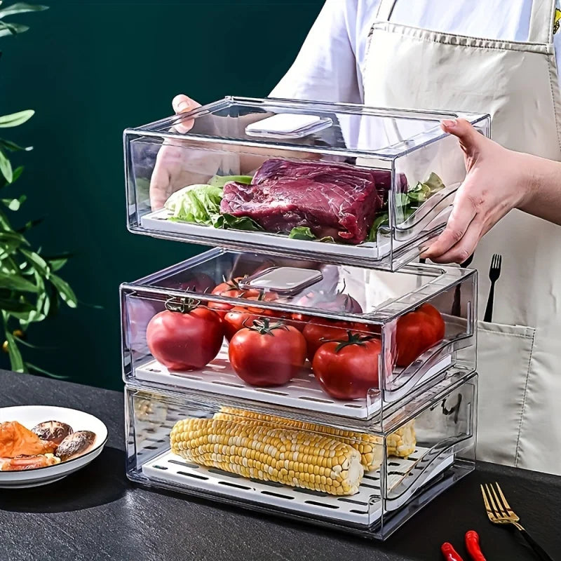 ‌Clear Stackable Fridge Bins - PET Pull-Out Drawers w/Drain Tray - Storage Organizer for Freezer Refrigerator