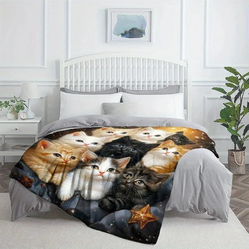 1pc Multicolor Cat Flannel Throw Blanket All-Season Warm Lightweight Digital Print for Sofa Bed Travel Office Living Room