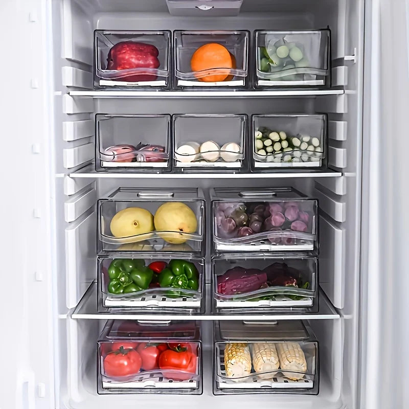 ‌Clear Stackable Fridge Bins - PET Pull-Out Drawers w/Drain Tray - Storage Organizer for Freezer Refrigerator