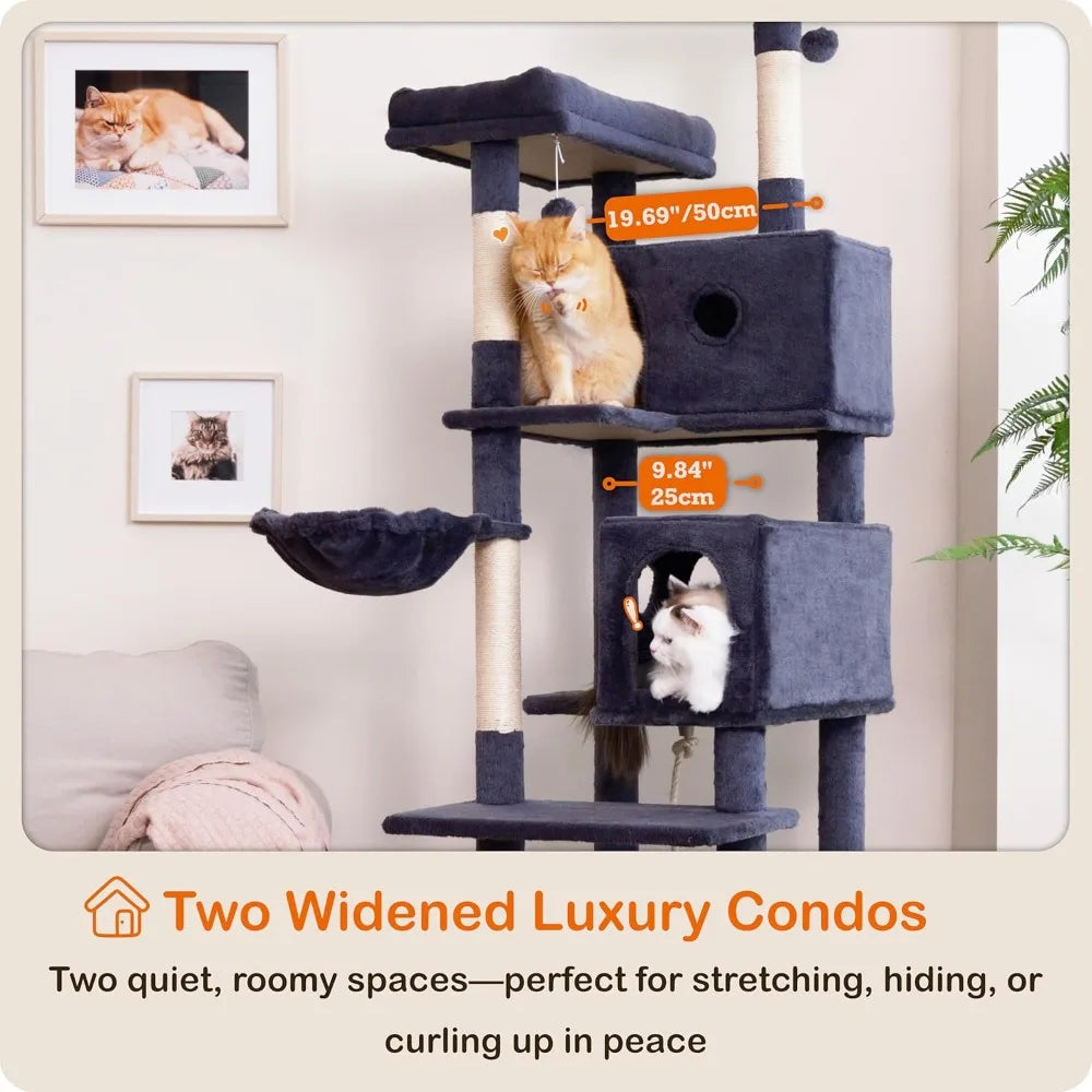 Cat Tree, 73.6 inch Cat Tower for Large Cat Indoor, 2 Top Perches with 1 Widened, 2 Condos with 1 Enlarged, Steel Frame Hammock