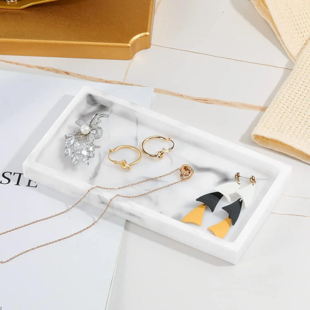 White Marble Resin Vanity Tray, 8x4 inch Bathroom Counter Organizer for Soap Dispenser Perfume Towel Accessories