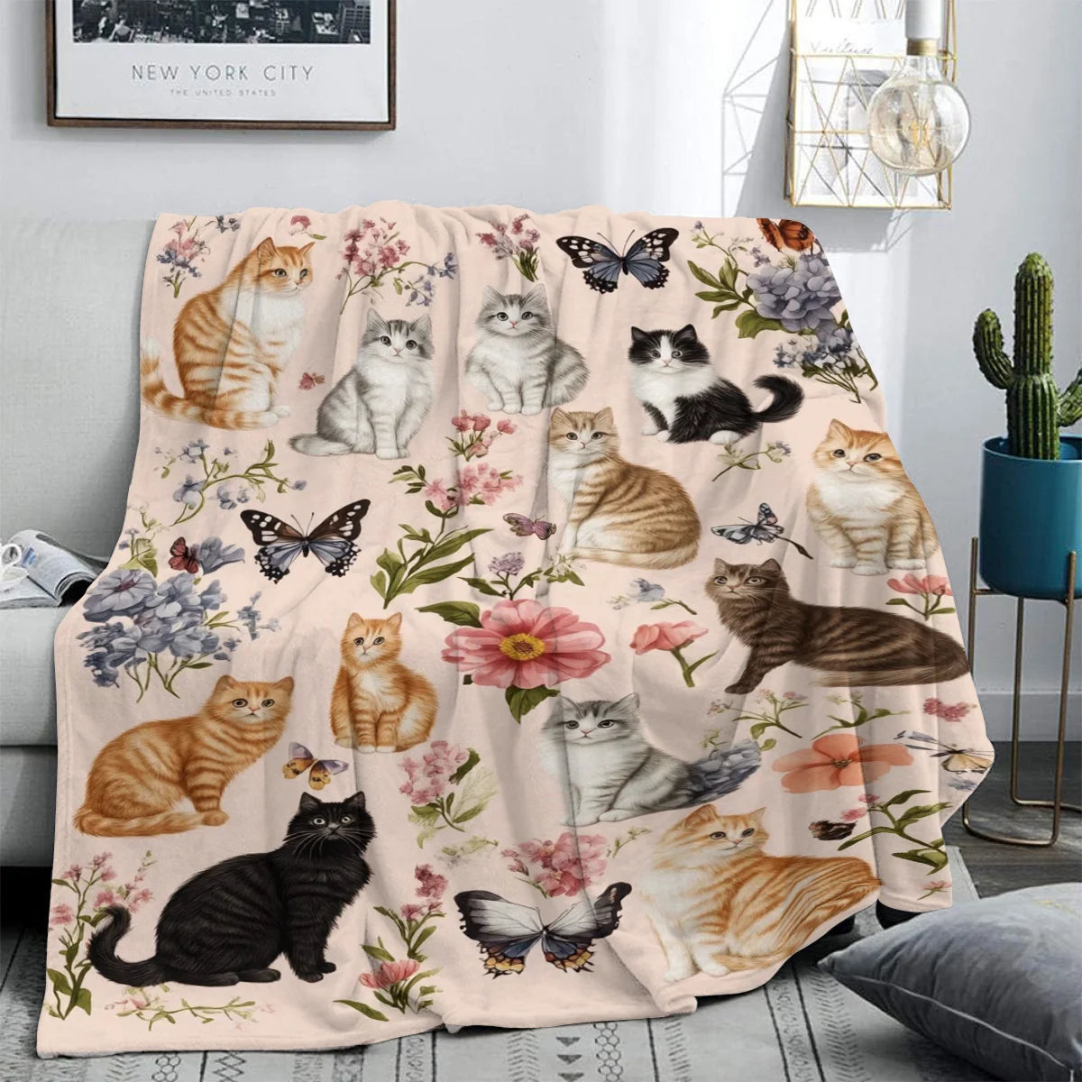 Cozy Cat Butterfly Floral Throw Blanket - Soft Flannel All-Season Comfort Multi-Color Design Perfect for Bedroom or Sofa Decor