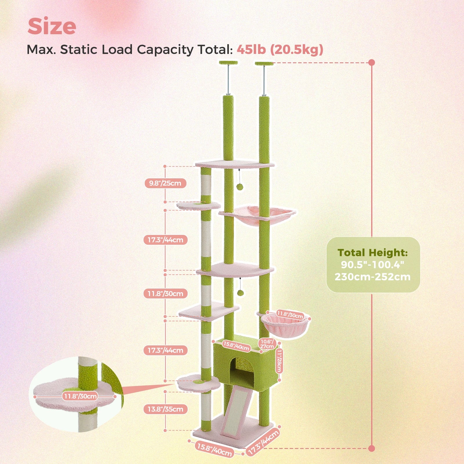 Floor to Ceiling Cat Tree with Sisal Scratching Posts Cozy Condo Hammock Adjustable Height Tall Cat Tower for Indoor Cat Toys