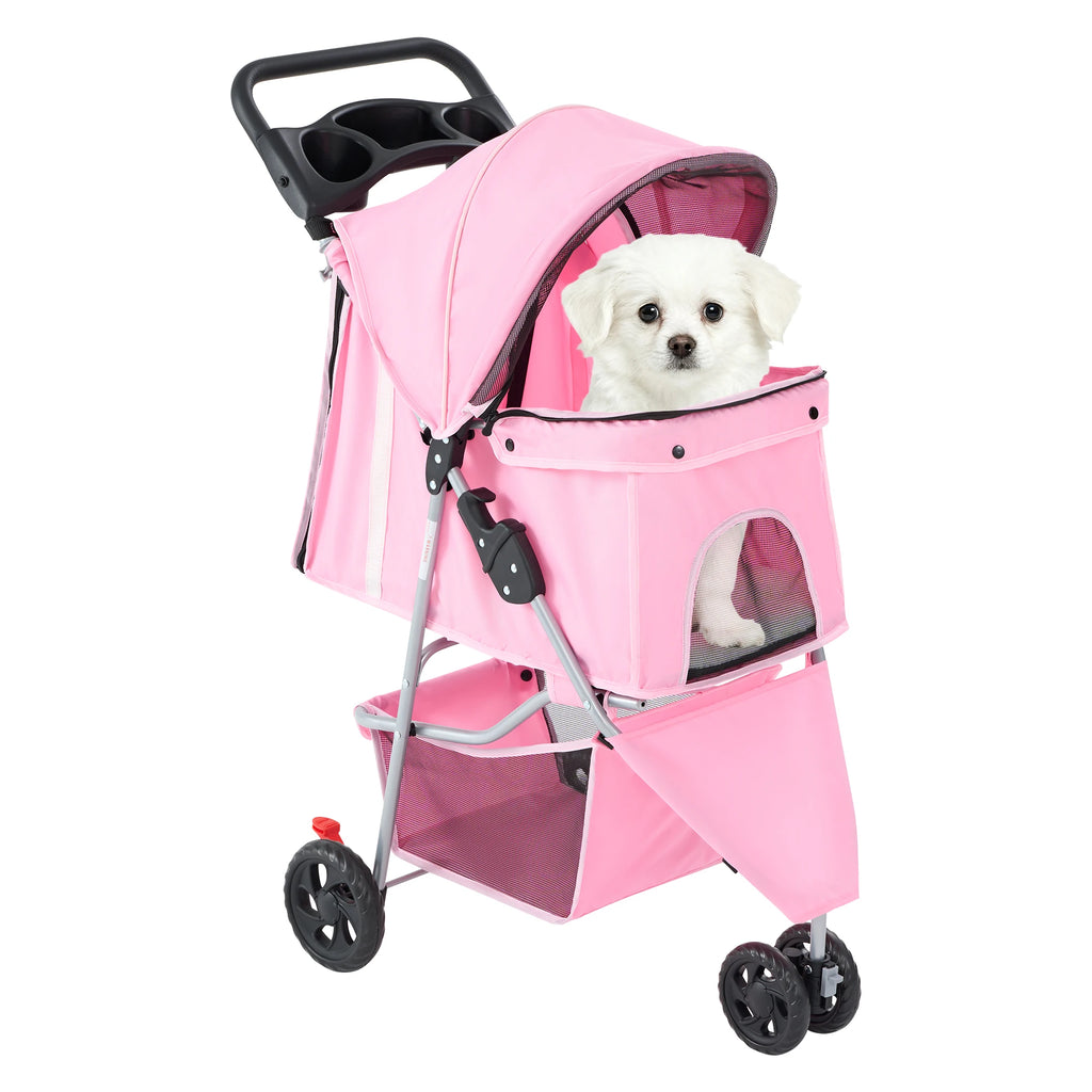 JHK 3 Wheels Foldable Pet Stroller for Small Dogs and Cats Stroller with Mesh Windows Storage Basket Cup Holder for Outdoor Use