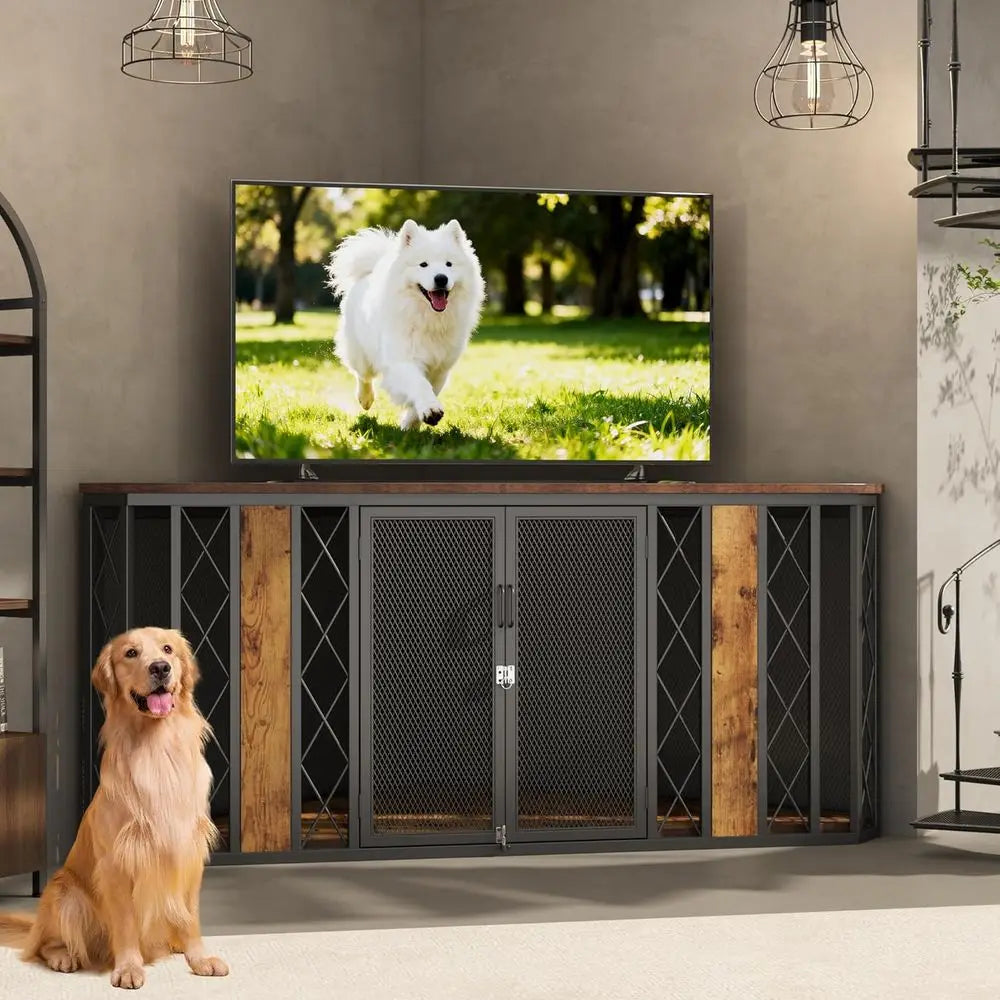 67" Corner Wooden Dog Crate Furniture with Diamond Metal Decoration, Pet Kennel for Small, Medium and Large Dogs, Space-Saving D