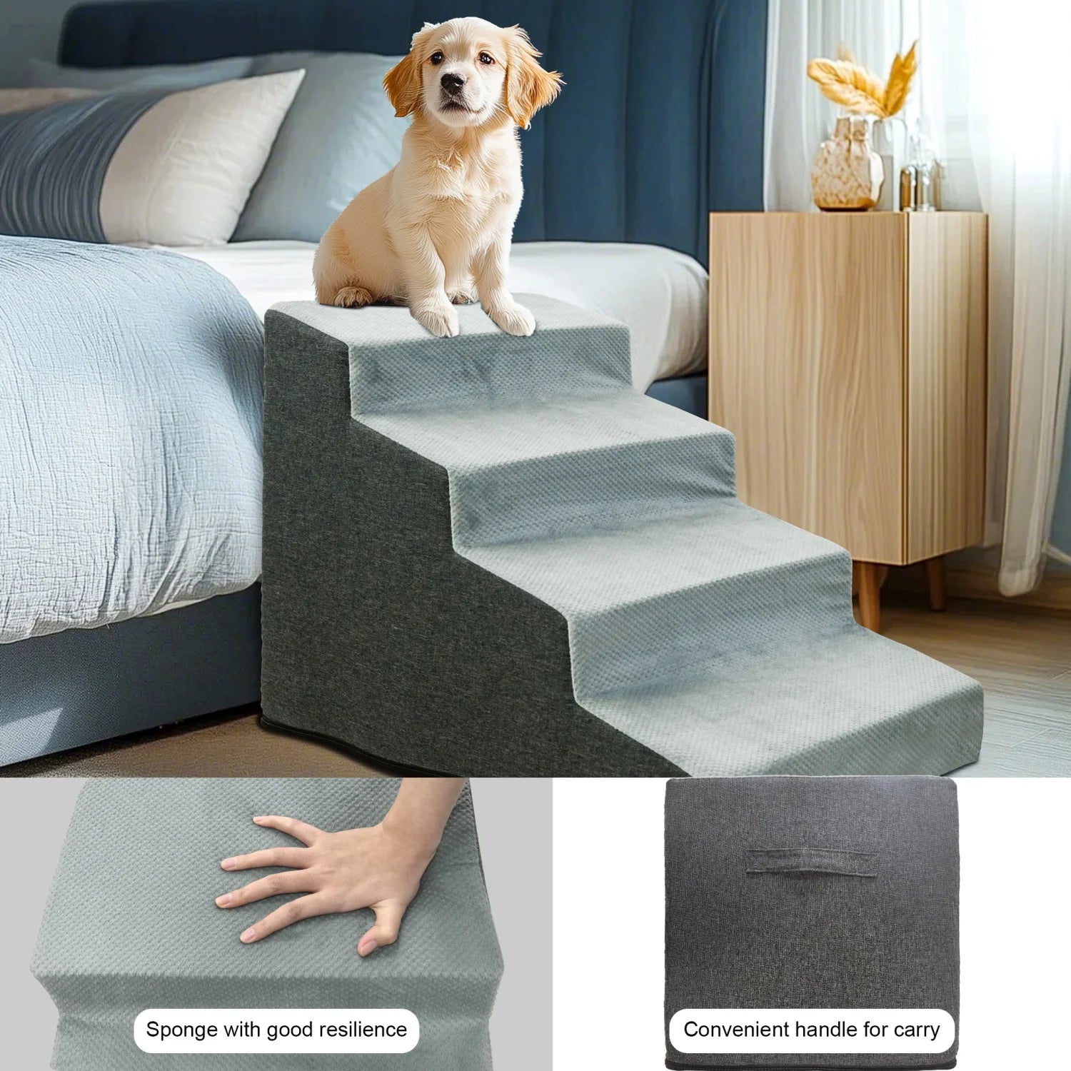 3/4 Steps Ramp with Washable Cover for Small pets, Non-Slip Balanced, Pet Steps for Couch Sofa, bed