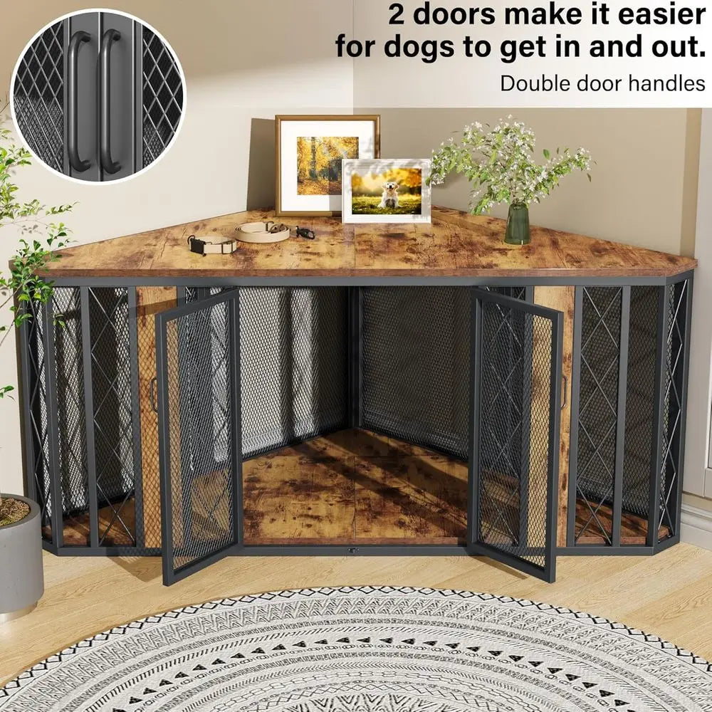 67" Corner Wooden Dog Crate Furniture with Diamond Metal Decoration, Pet Kennel for Small, Medium and Large Dogs, Space-Saving D