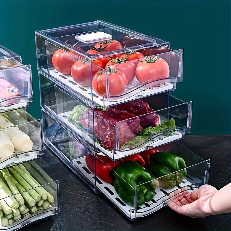 ‌Clear Stackable Fridge Bins - PET Pull-Out Drawers w/Drain Tray - Storage Organizer for Freezer Refrigerator