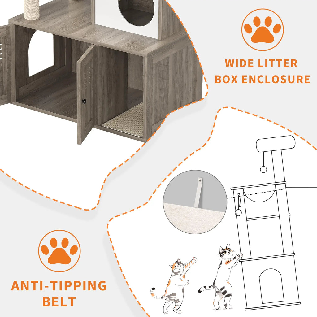 Modern Wooden Cat Tree With Hidden Litter Box Multi-Level Cat Condo Furniture Scratching Posts & Litter Cabinet For Indoor Cats