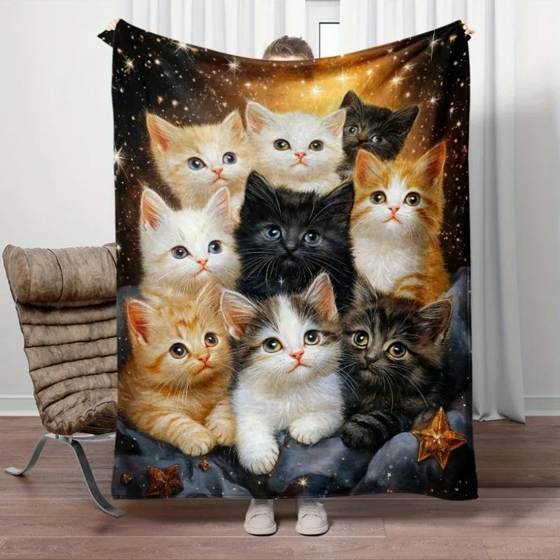1pc Multicolor Cat Flannel Throw Blanket All-Season Warm Lightweight Digital Print for Sofa Bed Travel Office Living Room