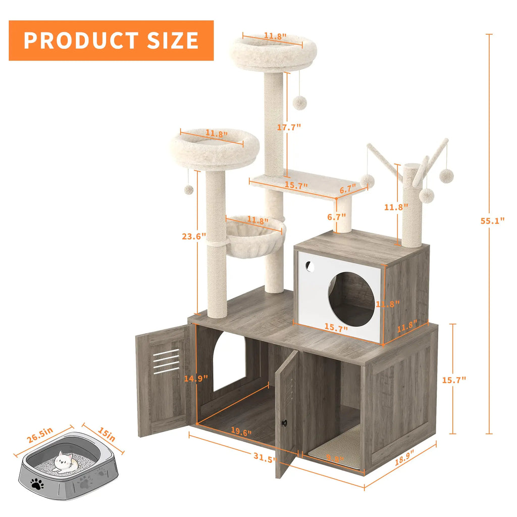 Modern Wooden Cat Tree With Hidden Litter Box Multi-Level Cat Condo Furniture Scratching Posts & Litter Cabinet For Indoor Cats