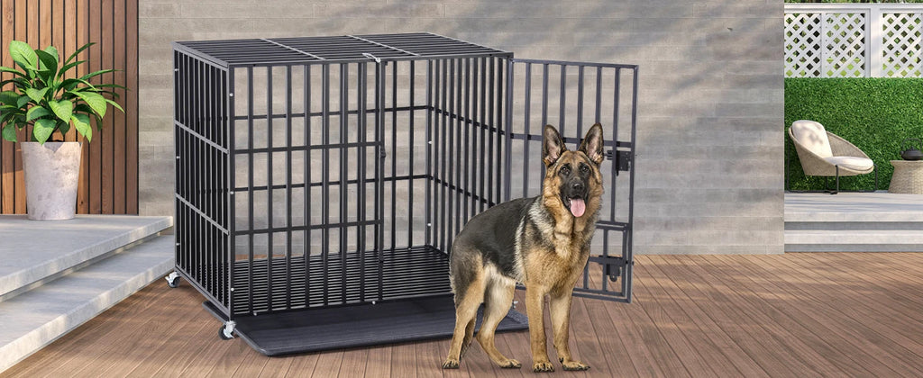 XXL Large Heavy Duty Dog Crate Strong Pet Cage Tear Resistant Square Tube Metal Kennel Playpen with Lockable Wheels and Tray
