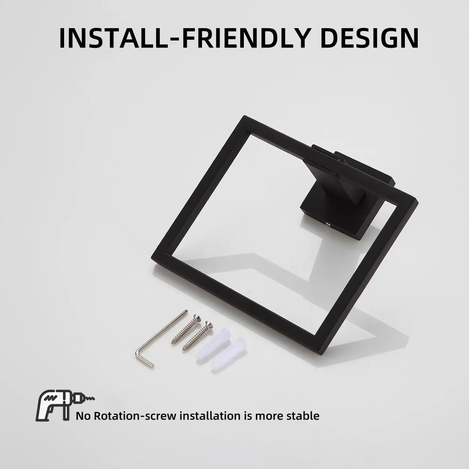 Square Towel Ring Matte Black Hand Towel Holder, Stainless Steel Towel Rack for Bathroom Wall Mounted Kitchen Towel Holder