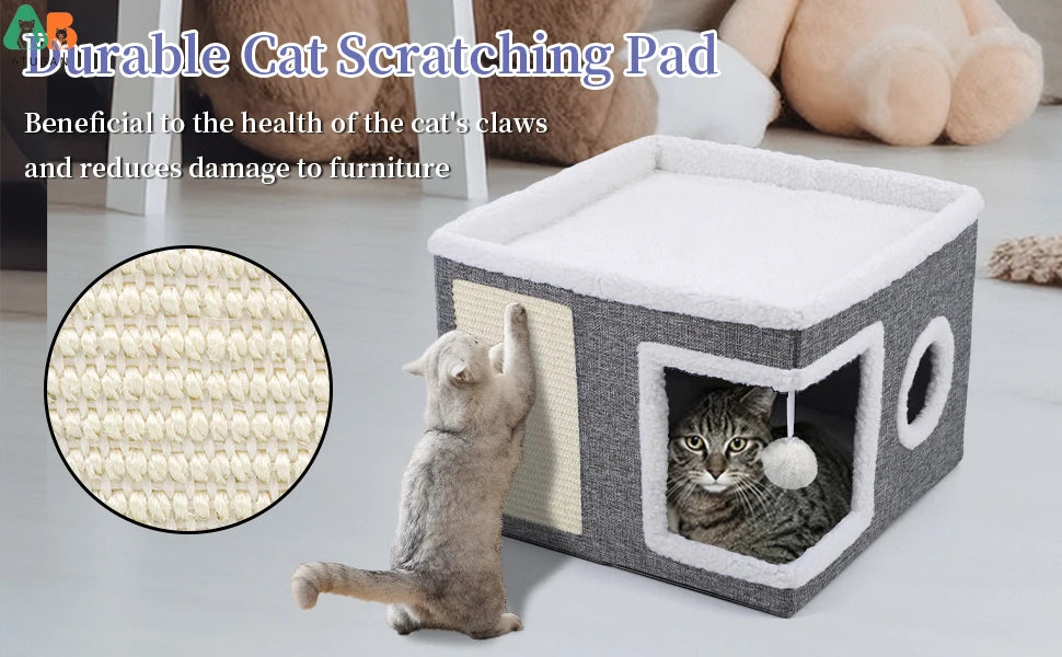 Cat Beds for Indoor Cats,Large Cat Cave with Cozy Condo,Fluffy Hanging Ball,Foldable Indoor Cat House Hold Up to 30LBS