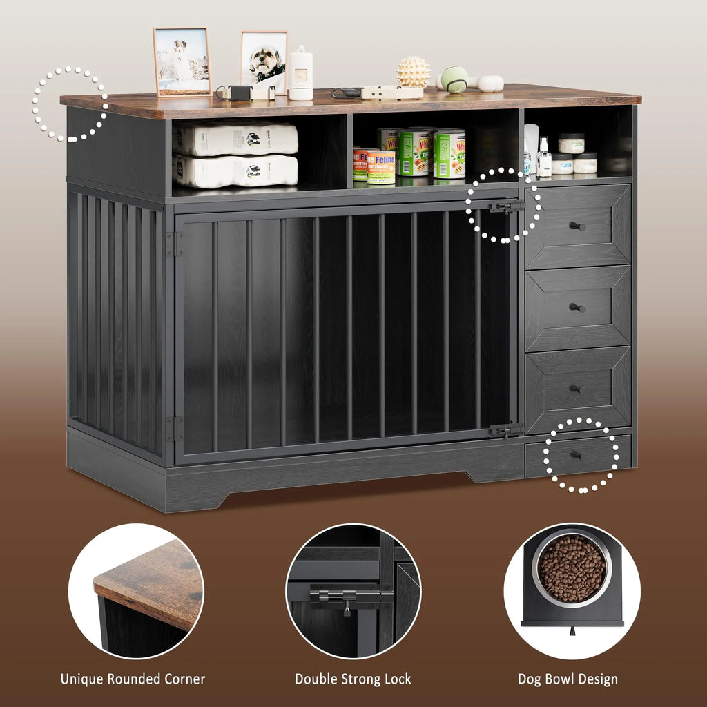 48 Inch Large Farmhouse Wooden Dog Crate Furniture With 6 Storage Drawers Feeding Station Heavy Duty Dog Kennel End Table