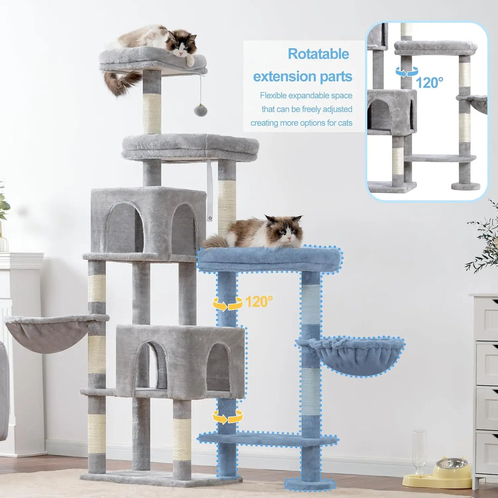 70-Inch Cat Tree Tower with Rotatable Extension, Large Beds, Condos, Hammocks for Indoor Cats in Light Gray