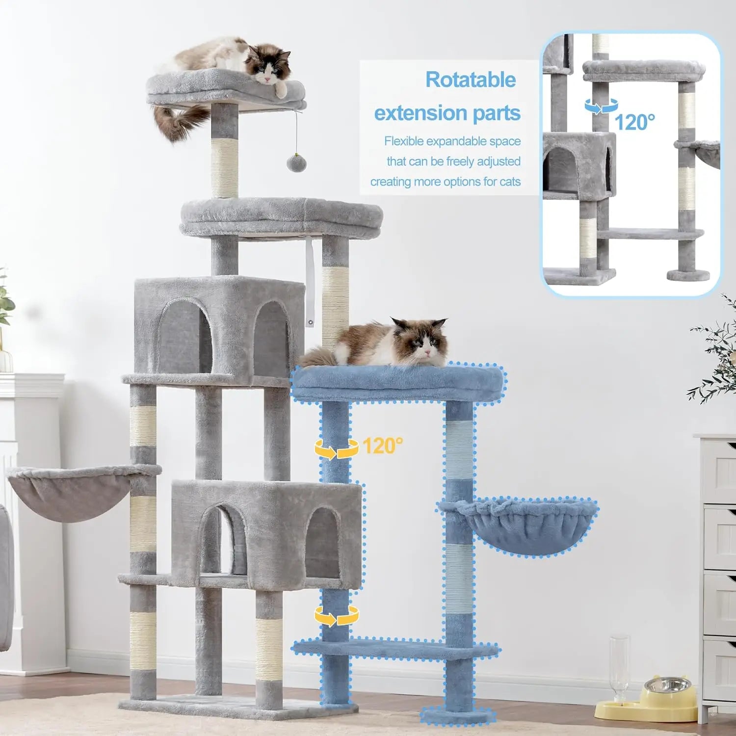 70-Inch Cat Tree Tower with Rotatable Extension, Large Beds, Condos, Hammocks for Indoor Cats in Light Gray