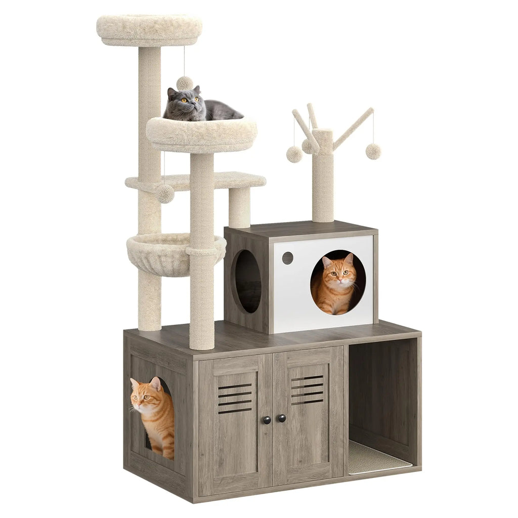 Modern Wooden Cat Tree With Hidden Litter Box Multi-Level Cat Condo Furniture Scratching Posts & Litter Cabinet For Indoor Cats