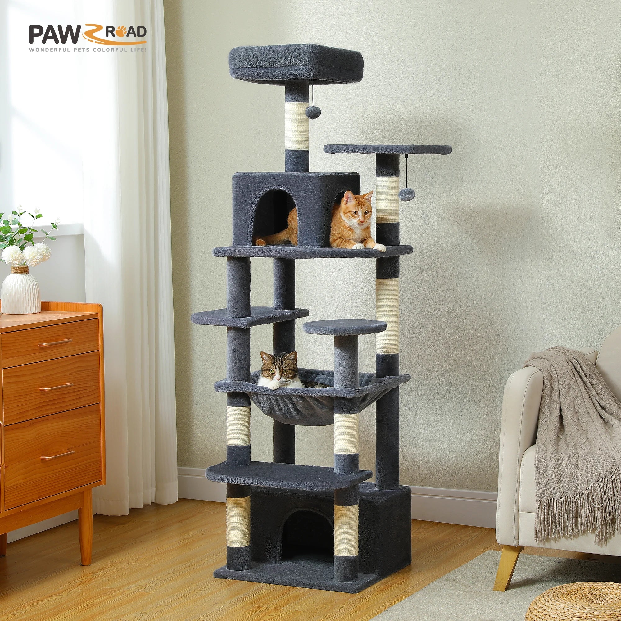 Tall Cat Tree with Scratching Posts Spacious Hammocks Large Condos Large Cat Tower for Indoor Cat Scratcher Cat Toys Accessories
