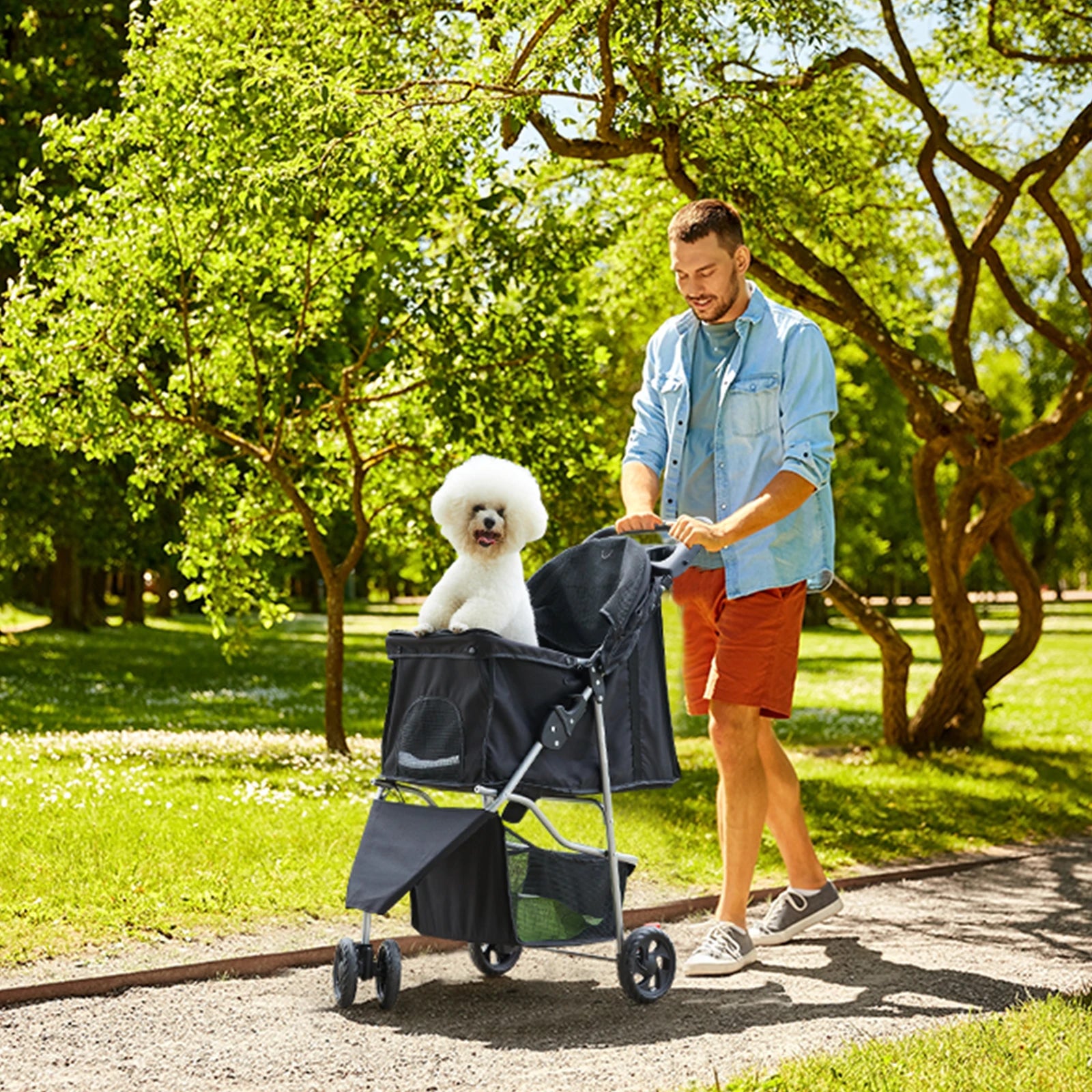 JHK 3 Wheels Foldable Pet Stroller for Small Dogs and Cats Stroller with Mesh Windows Storage Basket Cup Holder for Outdoor Use