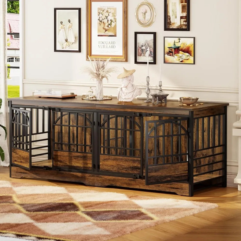 86 inch double dog crate furniture for 2 large dogs, decorative dog kennel indoor tv stand, heavy duty wooden dog cage for larg