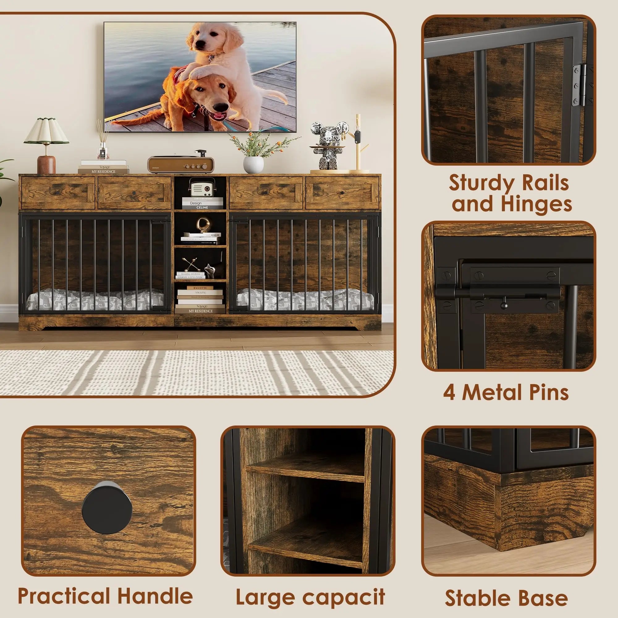 82'' Large Double Dog Crate Furniture TV Stand With 4 Drawers Shelves Heavy Duty Wooden Indoor Kennel For 2 Medium Large Dogs