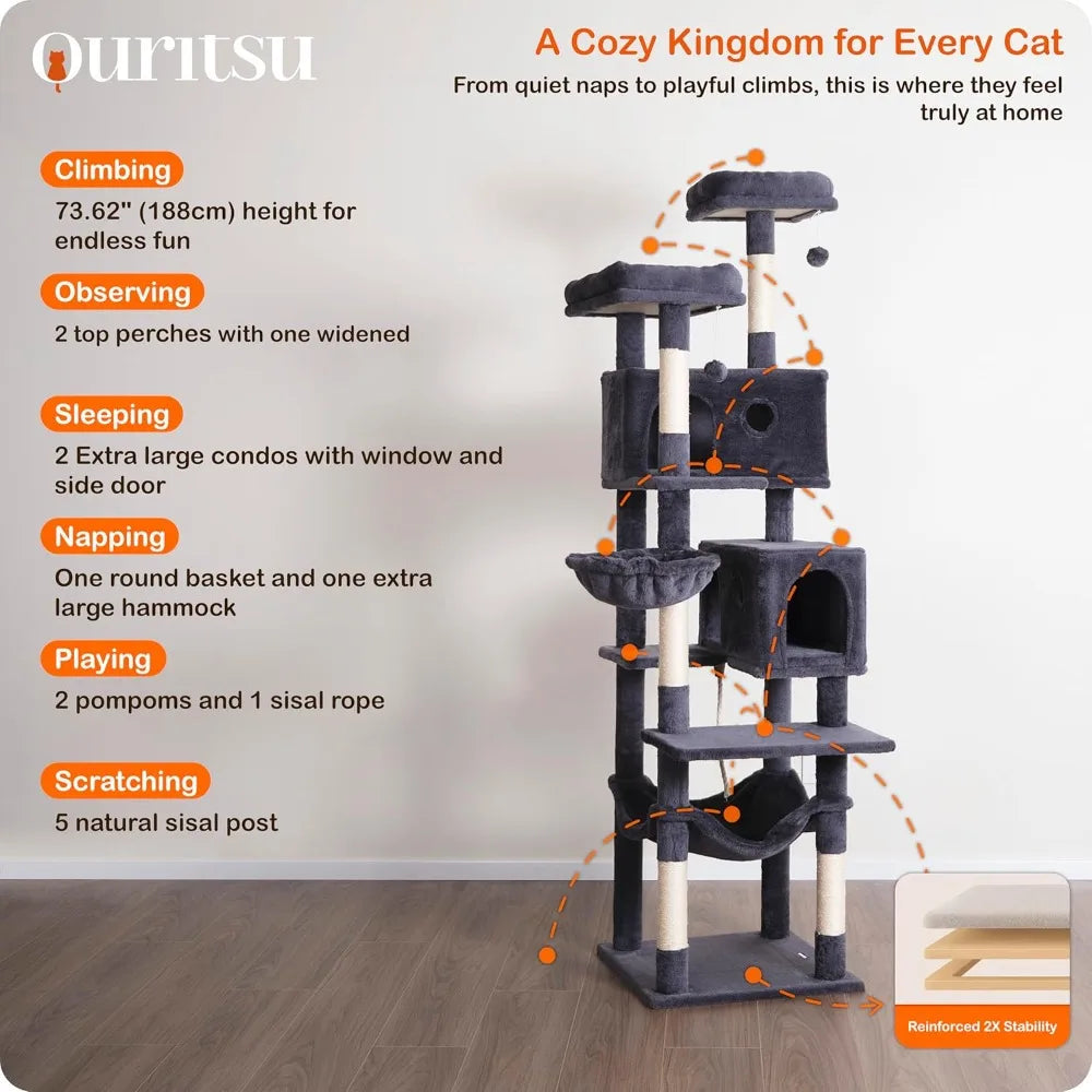 Cat Tree, 73.6 inch Cat Tower for Large Cat Indoor, 2 Top Perches with 1 Widened, 2 Condos with 1 Enlarged, Steel Frame Hammock