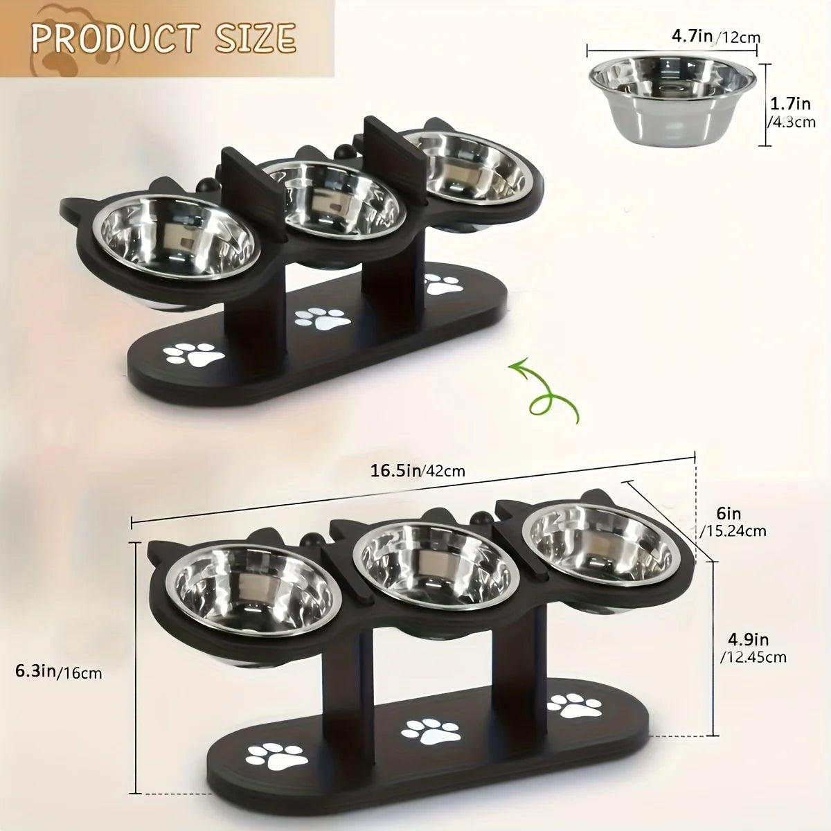 Elevated Bowls 15° Tilted Raised Food Bowls with Wooden Stand Anti Vomiting 3 Stainless Steel Bowls for Cats and Puppy