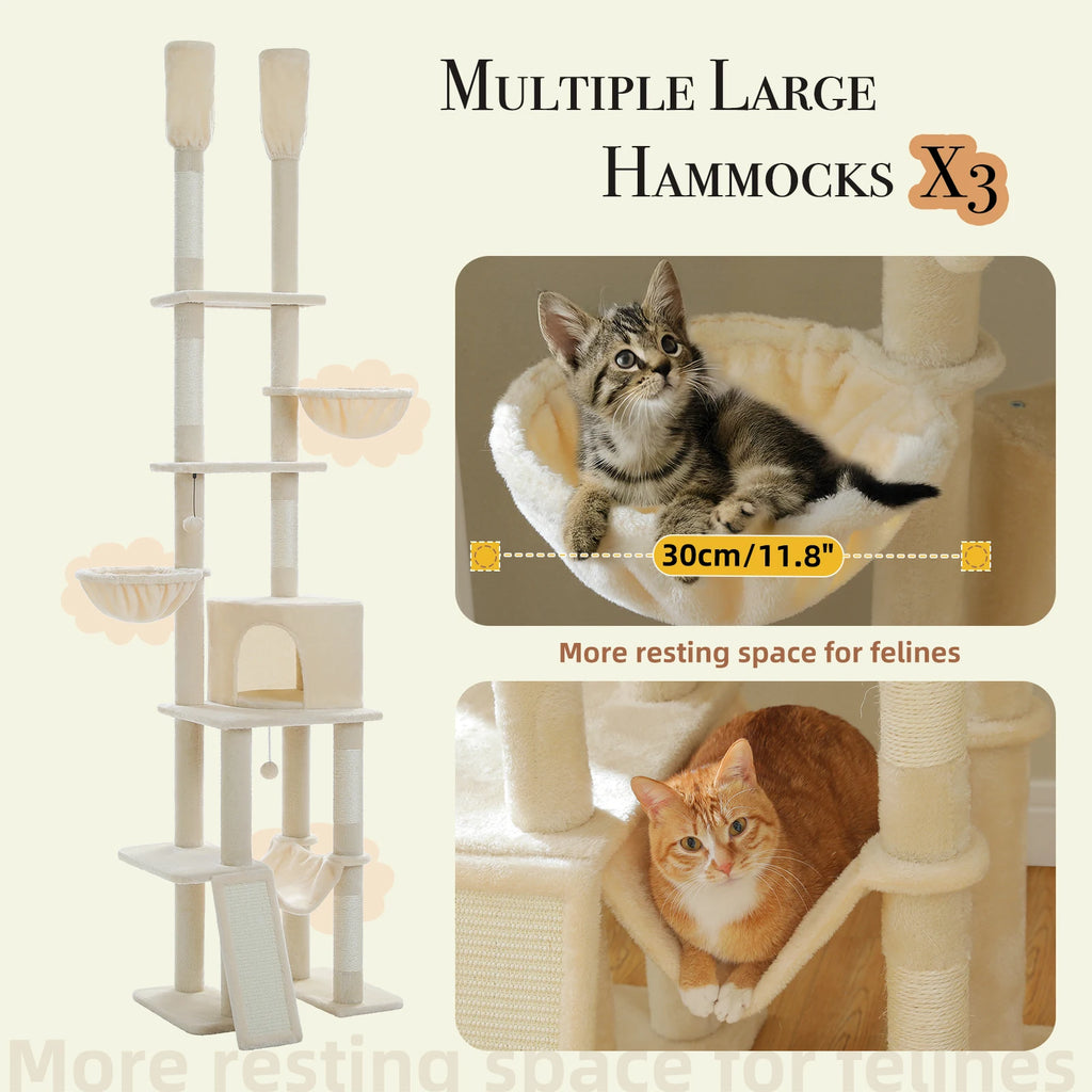 Floor to Ceiling Cat Tree with Sisal Scratching Posts Cozy Condo Hammock Adjustable Height Tall Cat Tower for Indoor Cat Toys