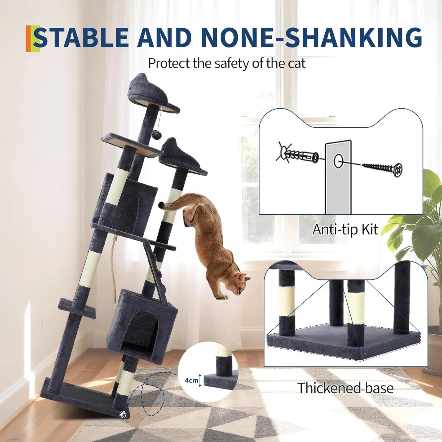 74" Tall Cat Tree For Large Cats Heavy Duty Multi-Level Anti-Tip Cat Tower With 6 Scratching Posts Top Perch & Cozy Rest Areas