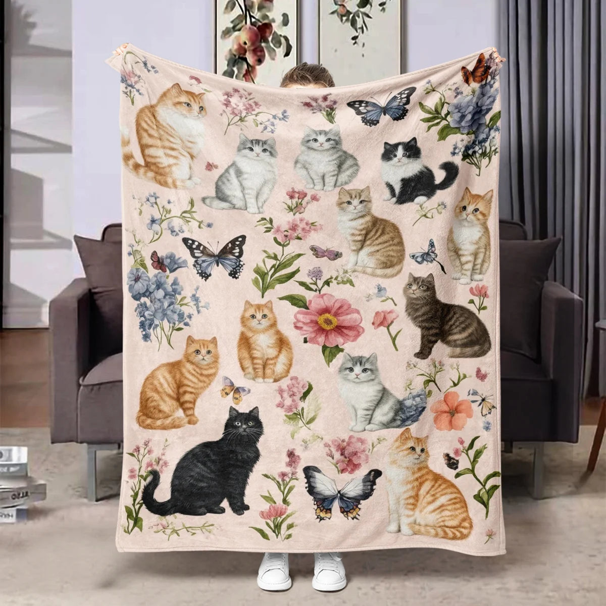 Cozy Cat Butterfly Floral Throw Blanket - Soft Flannel All-Season Comfort Multi-Color Design Perfect for Bedroom or Sofa Decor