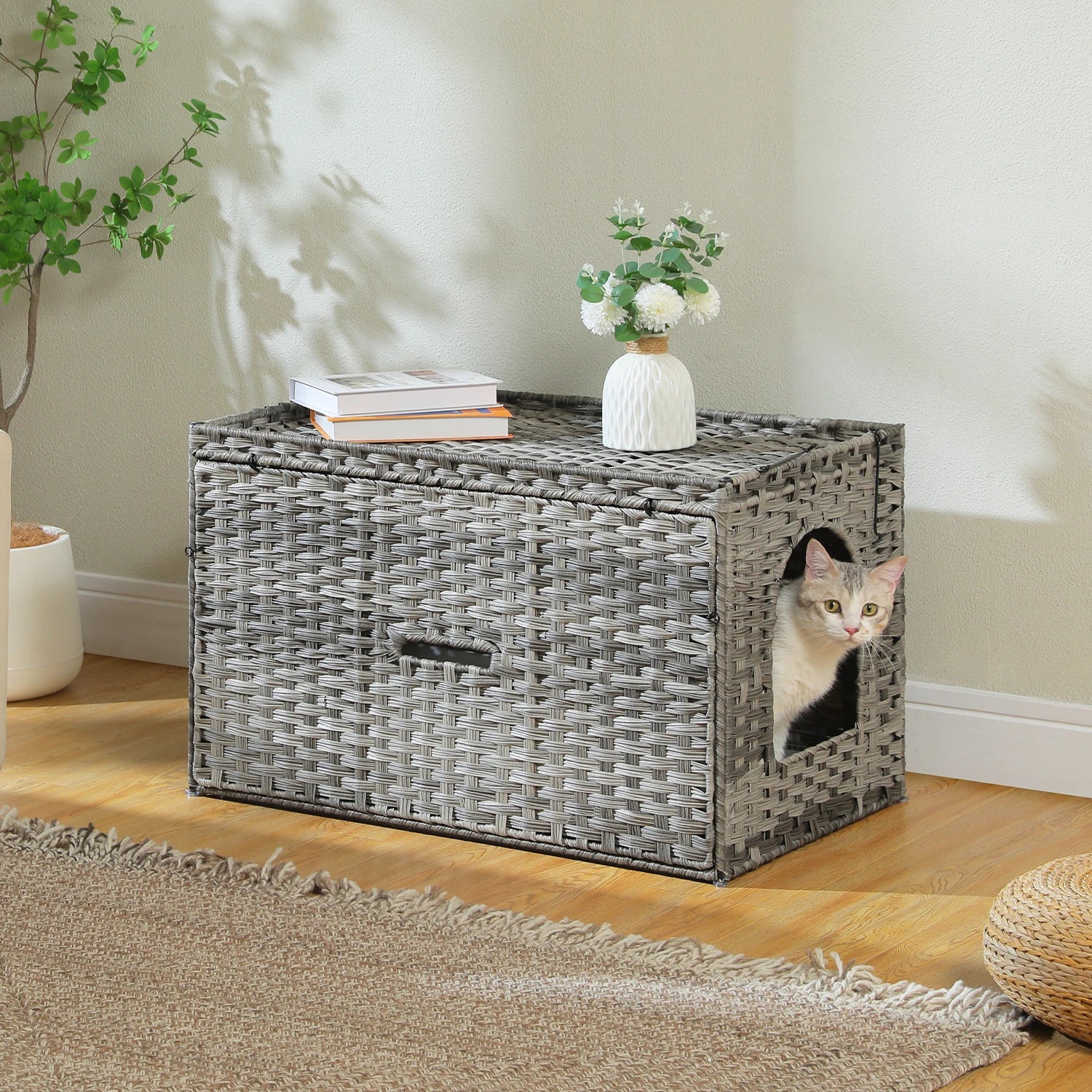 Rattan Cat Litter Box Enclosure Furniture with Door, Handwoven Rattan Hidden Litter Box Living Room Odor Control, Cat House Bed