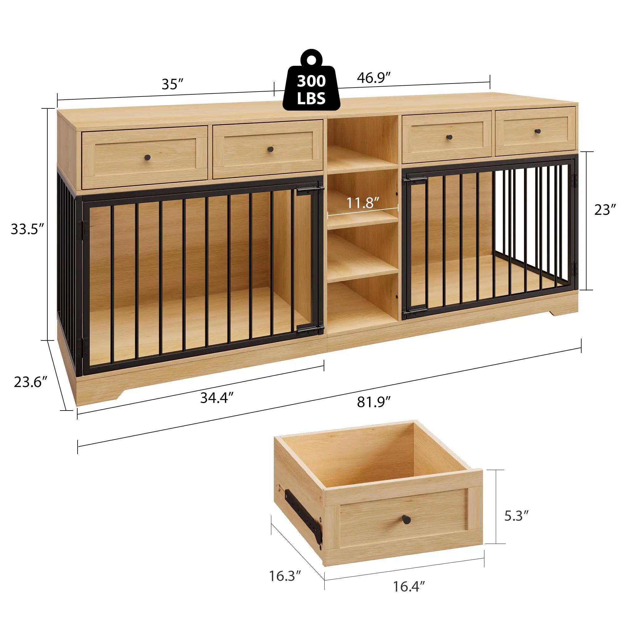 82'' Large Double Dog Crate Furniture TV Stand With 4 Drawers Shelves Heavy Duty Wooden Indoor Kennel For 2 Medium Large Dogs
