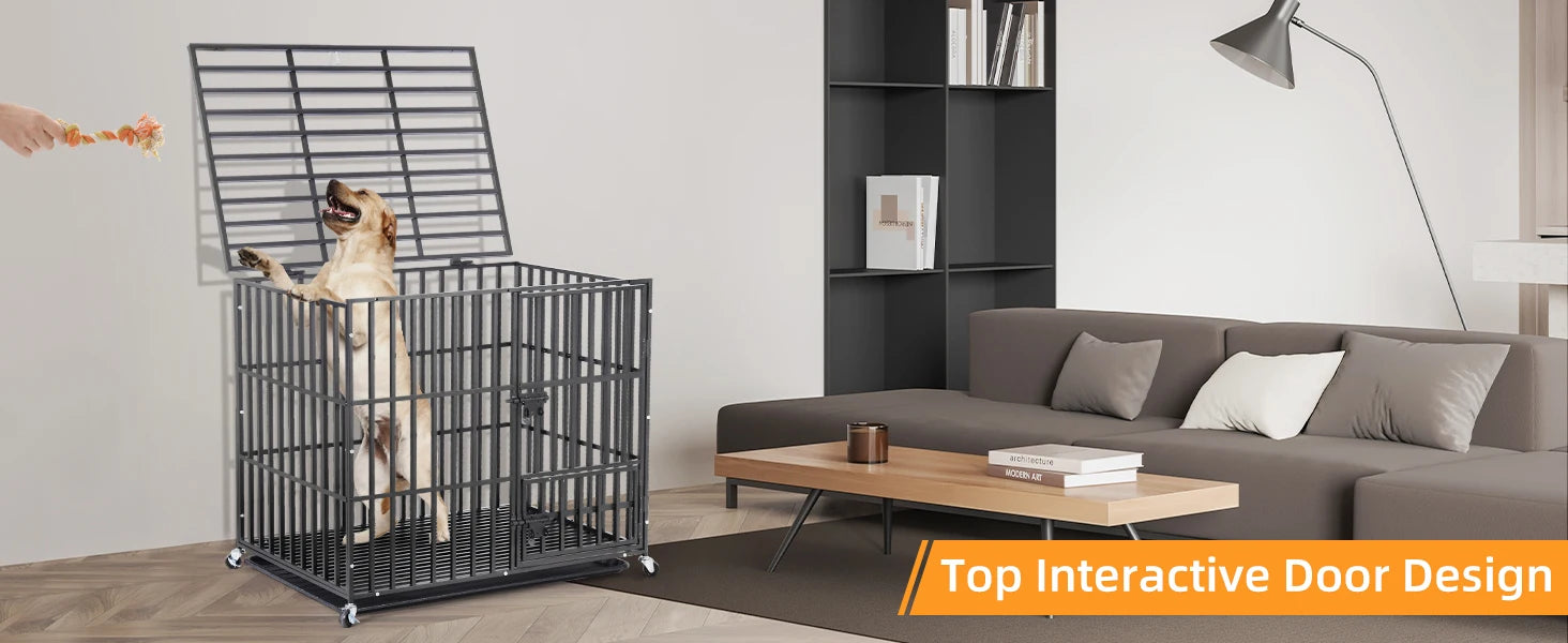 XXL Large Heavy Duty Dog Crate Strong Pet Cage Tear Resistant Square Tube Metal Kennel Playpen with Lockable Wheels and Tray