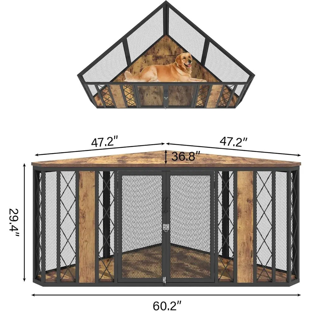 67" Corner Wooden Dog Crate Furniture with Diamond Metal Decoration, Pet Kennel for Small, Medium and Large Dogs, Space-Saving D