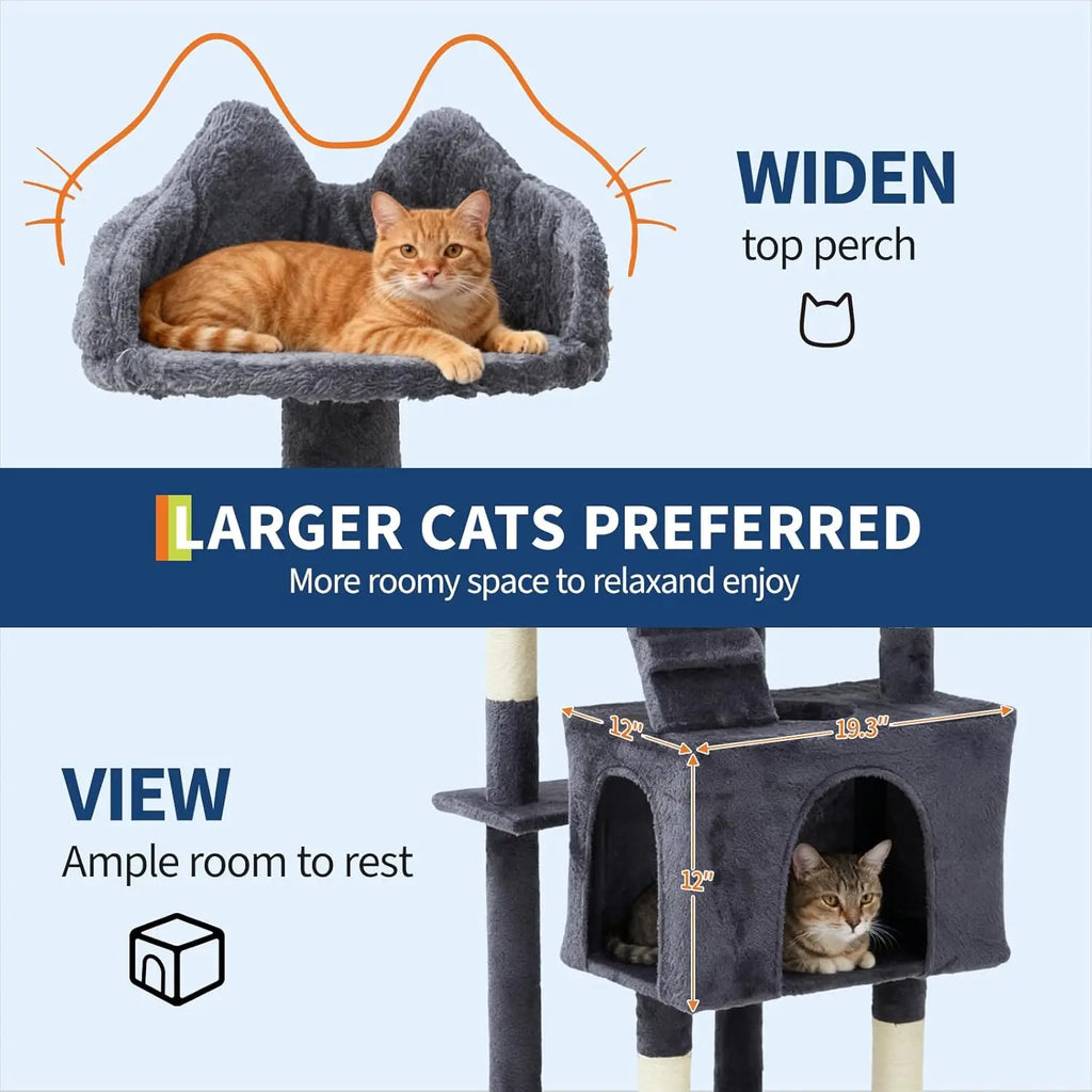 74" Tall Cat Tree For Large Cats Heavy Duty Multi-Level Anti-Tip Cat Tower With 6 Scratching Posts Top Perch & Cozy Rest Areas