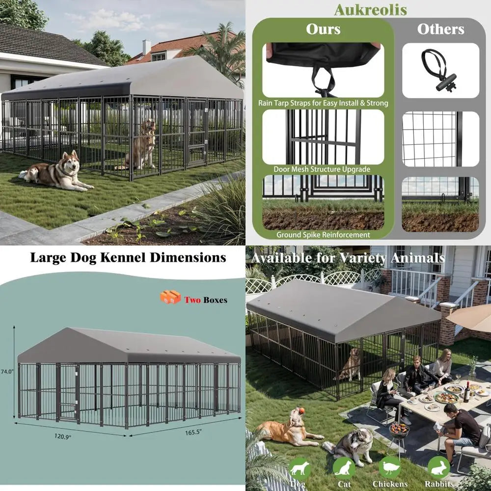 Heavy-Duty Outdoor Dog Kennel - 10x14FT Enclosed Run with Roof, Feeding Door, and Double Locks for Pet Safety