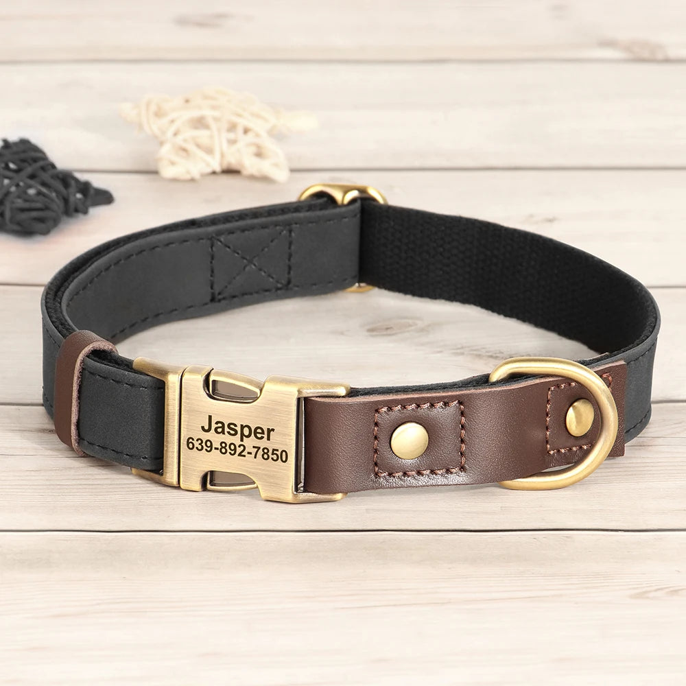 Custom PU Leather Dog Collar Engraved Adjustable Pet Buckle ID Necklace Durable for Small Medium Large Dogs