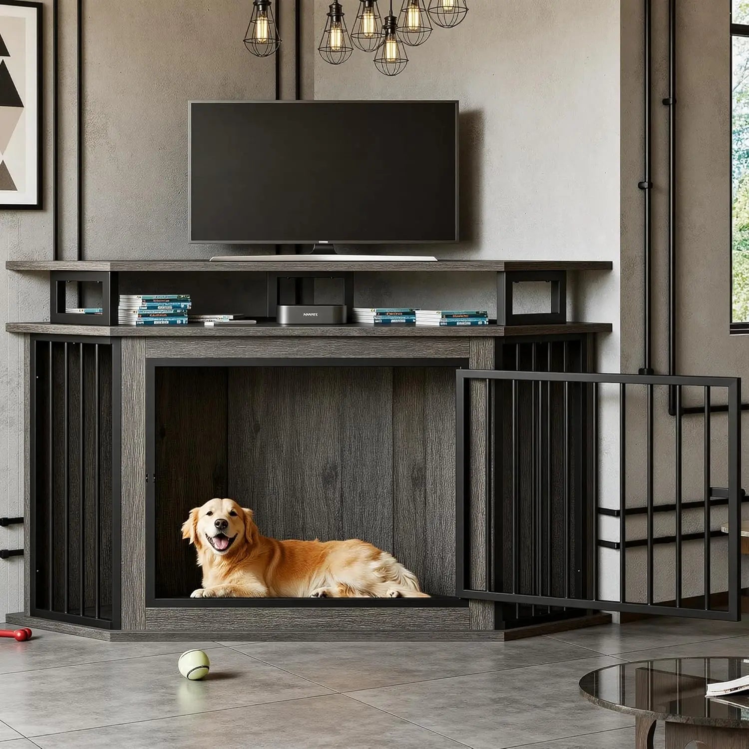 51" Corner Wooden Dog Crate with 2-Tier Shelves, Large Pet Kennel Furniture, Space-Saving Indoor Cage