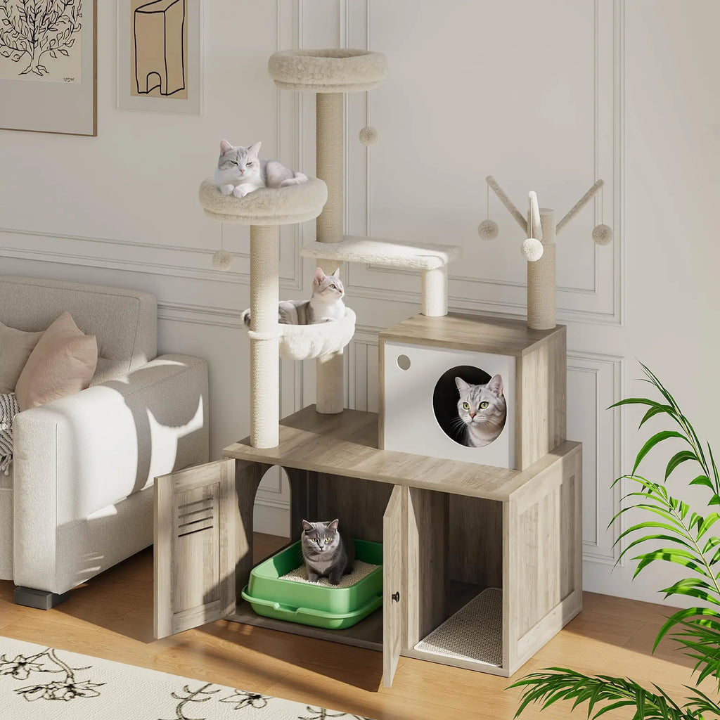 Modern Wooden Cat Tree With Hidden Litter Box Multi-Level Cat Condo Furniture Scratching Posts & Litter Cabinet For Indoor Cats