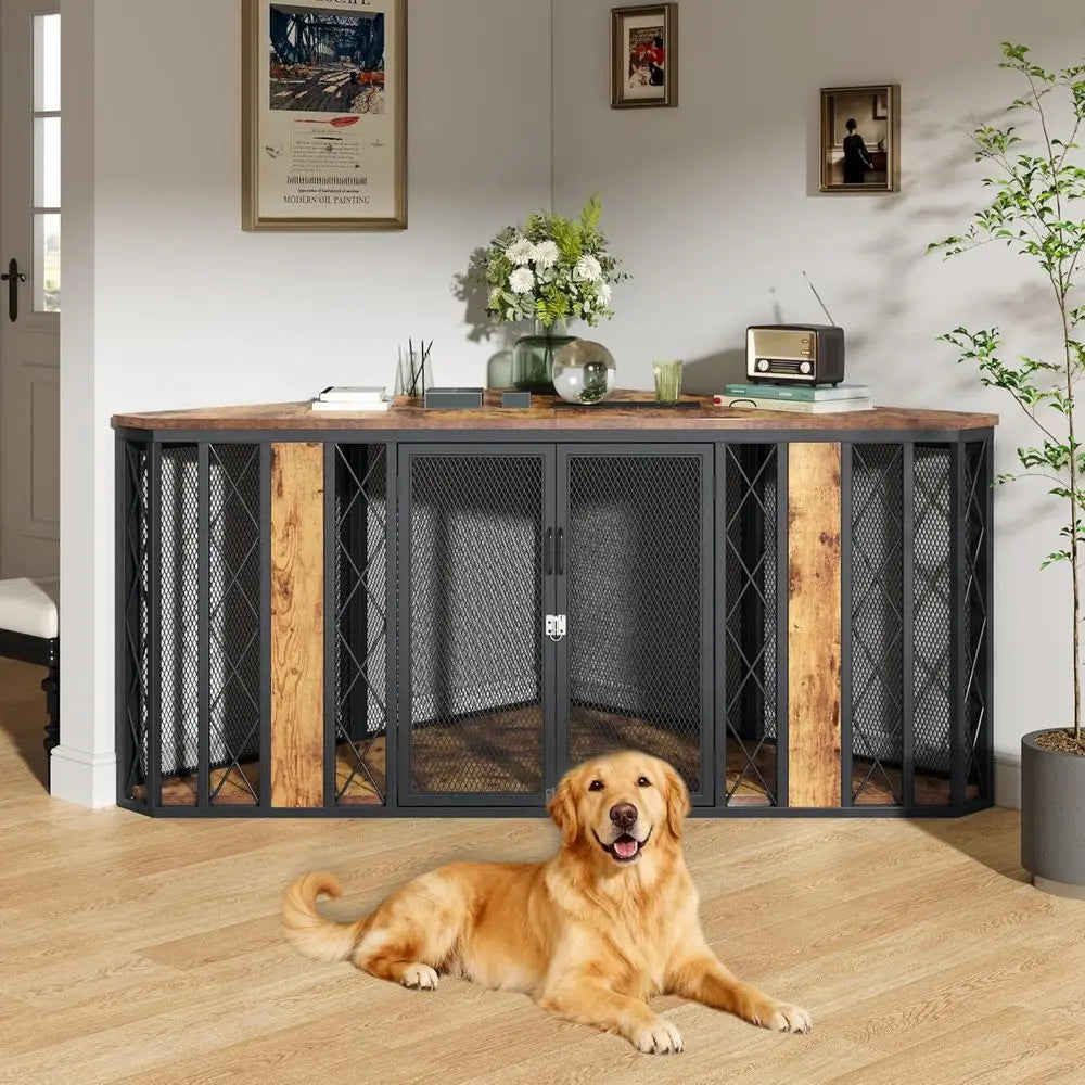 67" Corner Wooden Dog Crate Furniture with Diamond Metal Decoration, Pet Kennel for Small, Medium and Large Dogs, Space-Saving D