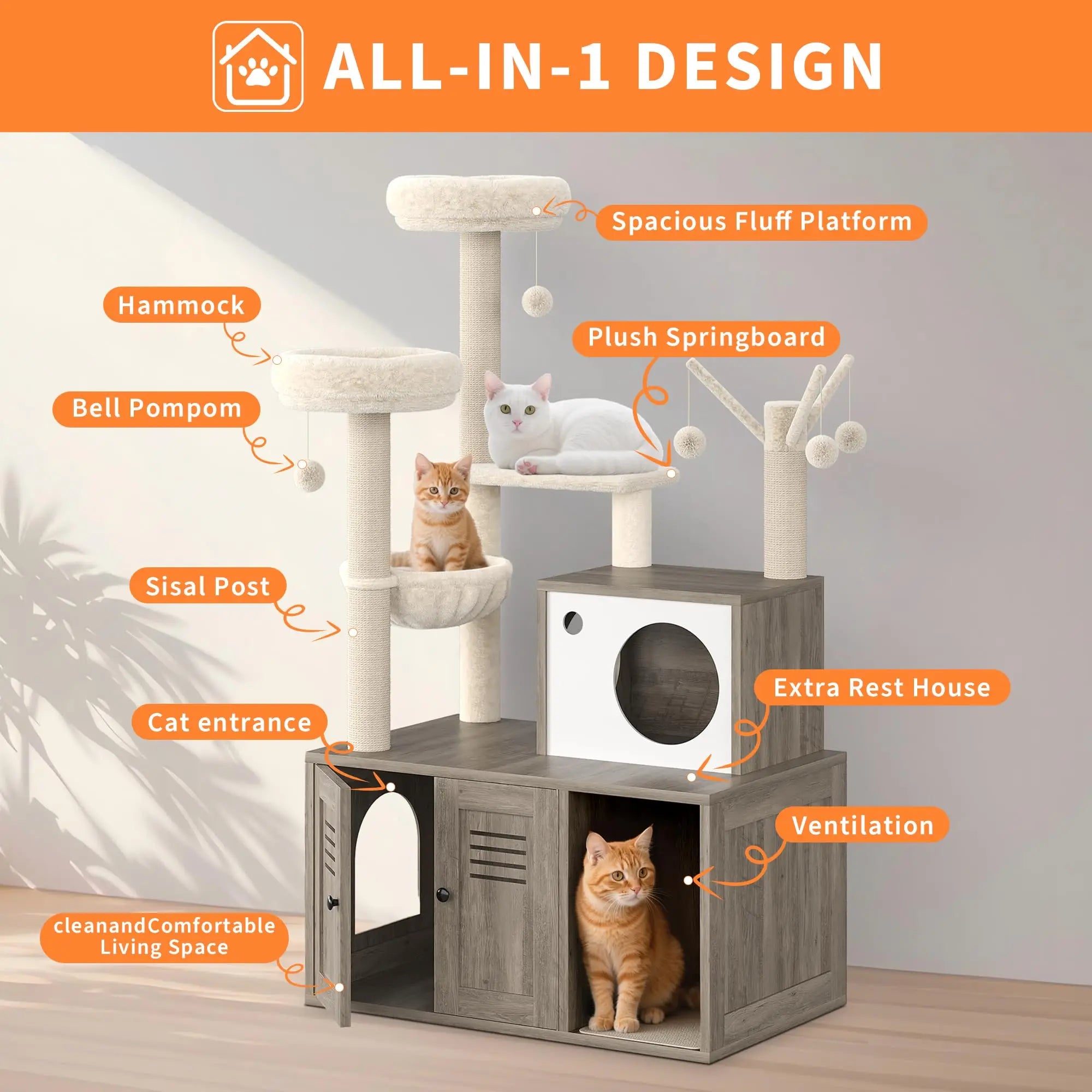 Modern Wooden Cat Tree With Hidden Litter Box Multi-Level Cat Condo Furniture Scratching Posts & Litter Cabinet For Indoor Cats