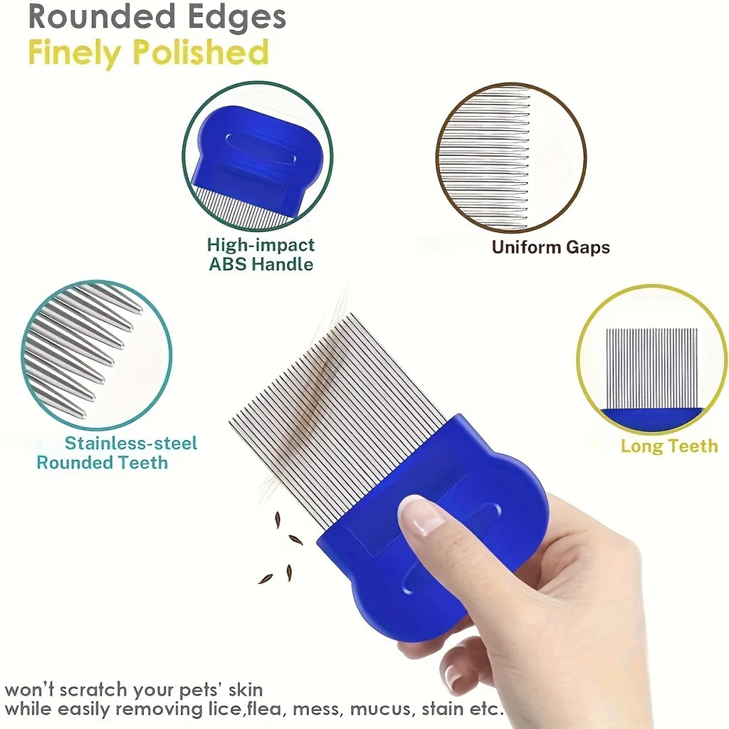 Pack of 4 Flea and Lice Combs, Stainless Steel Dog Cat Grooming Comb with Round Teeth, Double-sided Professional Pet Tear