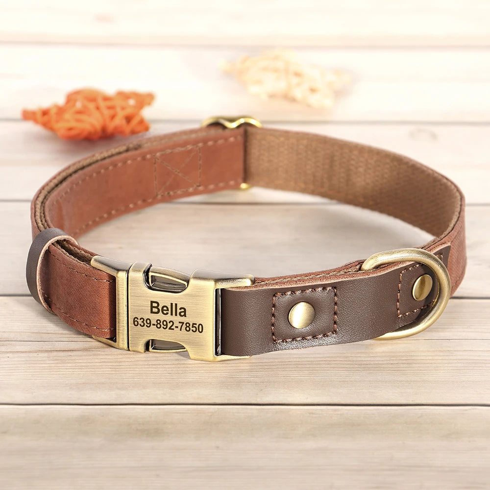 Custom PU Leather Dog Collar Engraved Adjustable Pet Buckle ID Necklace Durable for Small Medium Large Dogs