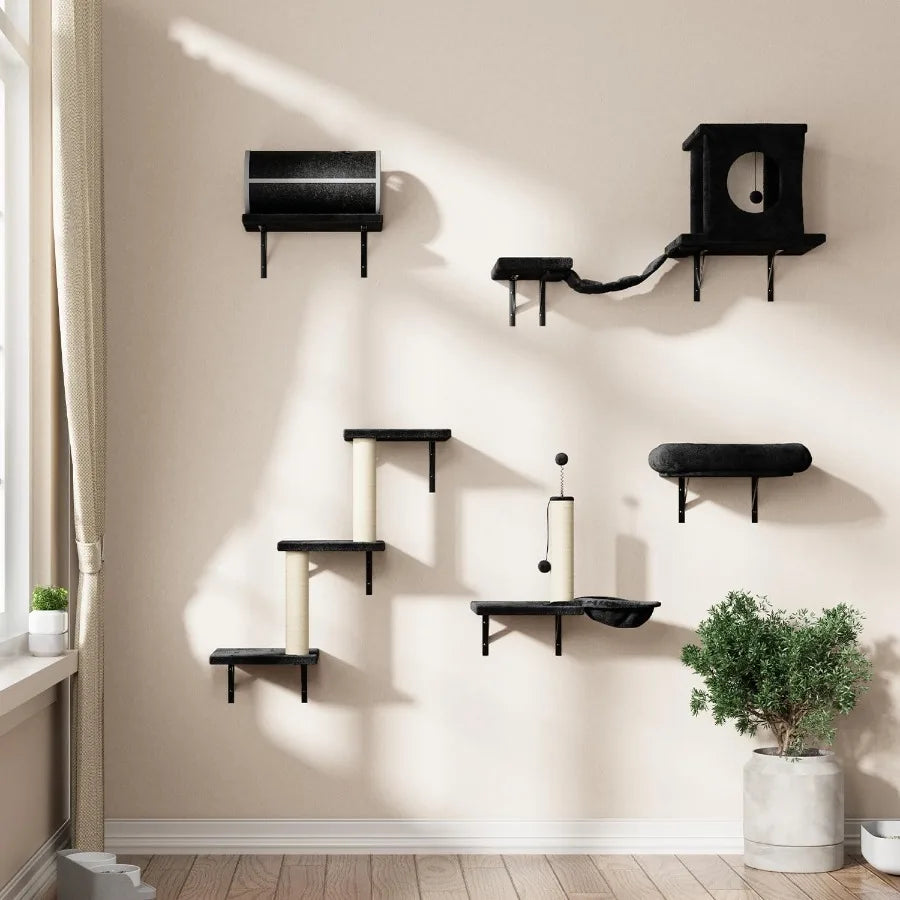7-in-1 Wall Mounted Cat Climber Set with Integrated House Tunnel Bridge Steps Scratcher Hammock and Multiple Shelves Designed f