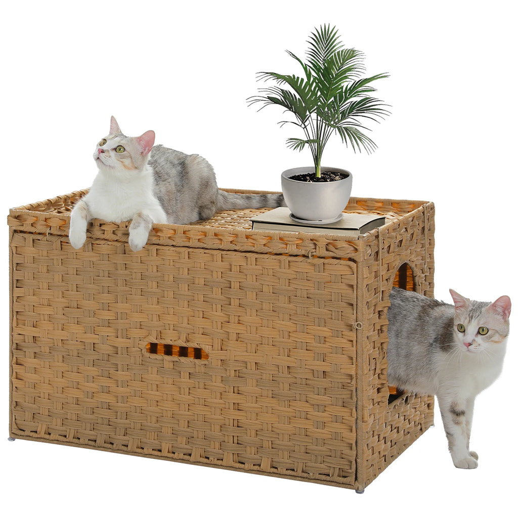 Rattan Cat Litter Box Enclosure Furniture with Door, Handwoven Rattan Hidden Litter Box Living Room Odor Control, Cat House Bed